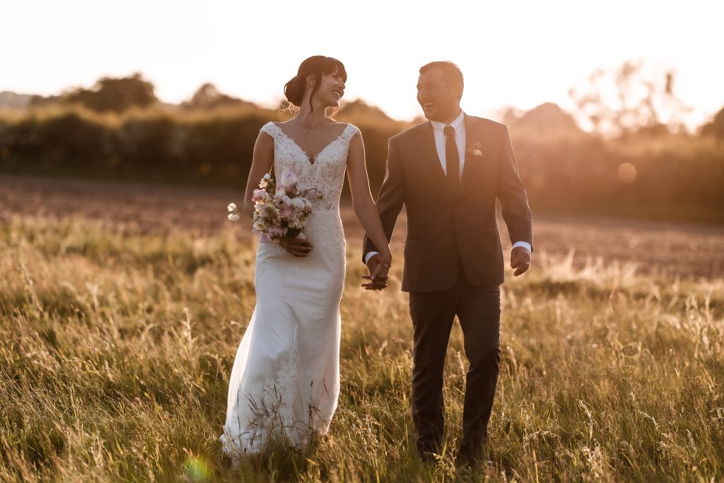 Sunset wedding photos bride and groom