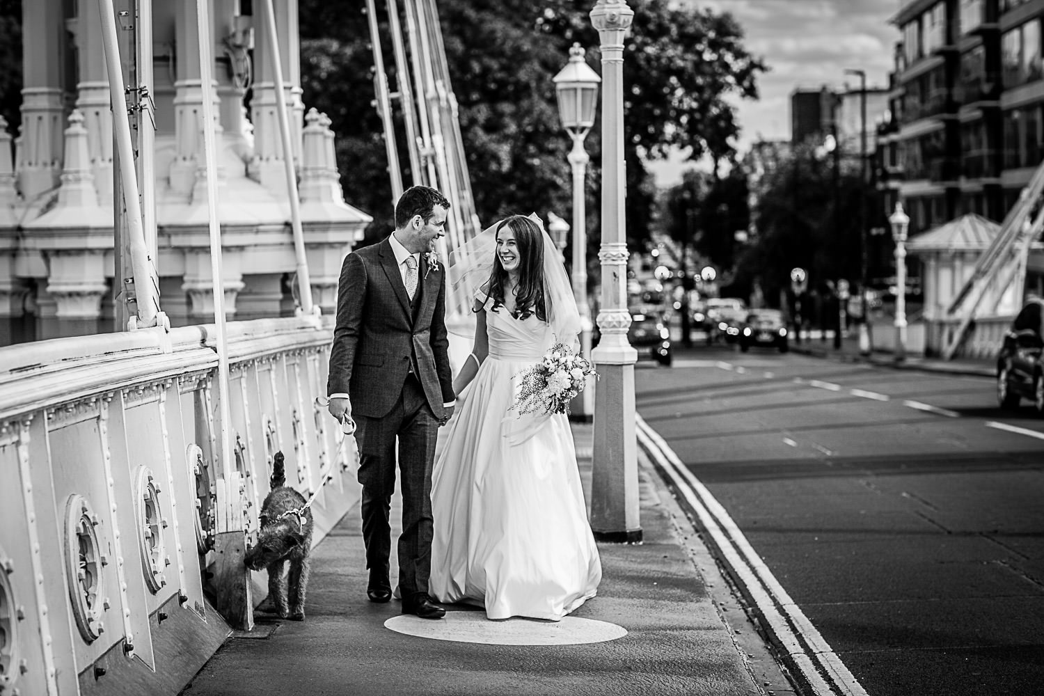 Wedding couple photos at Battersea bridge, London