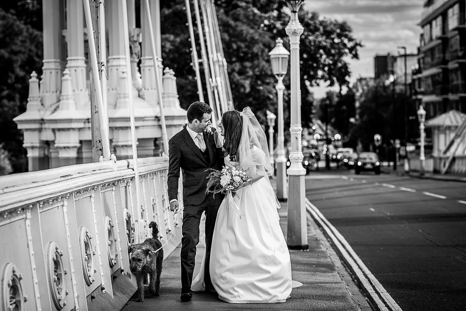 Wedding couple photos at Battersea bridge, London