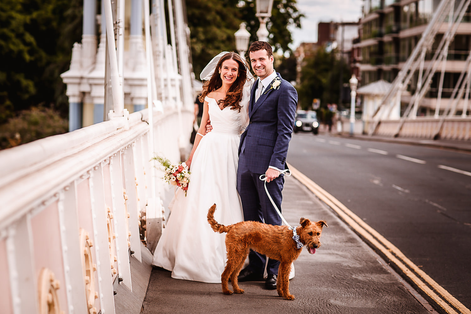 Wedding couple photos at Battersea bridge, London