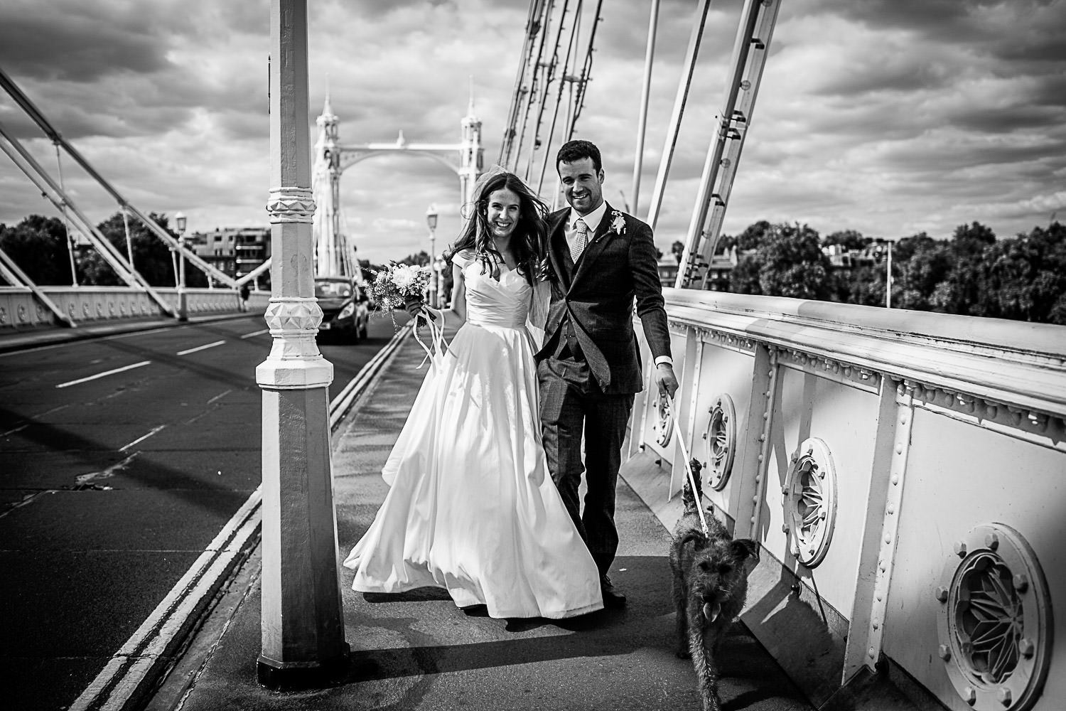 Wedding couple photos at Battersea bridge, London