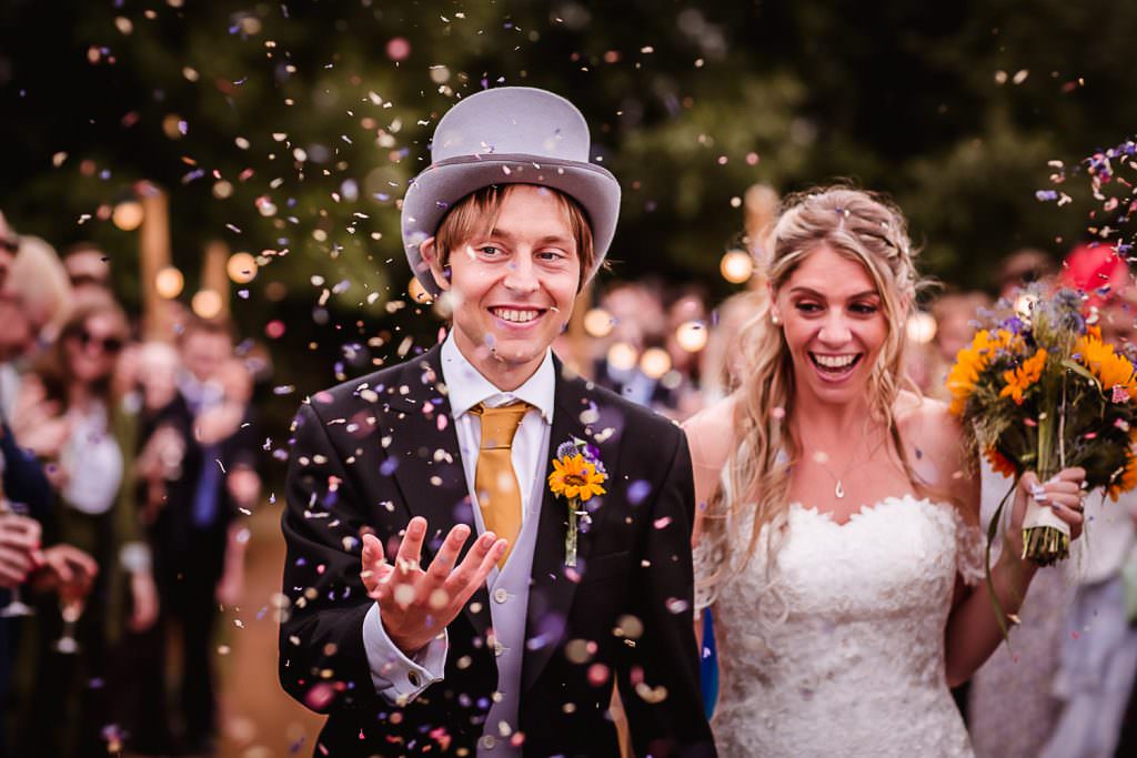 Confetti wedding photo of bride and groom in Oxford