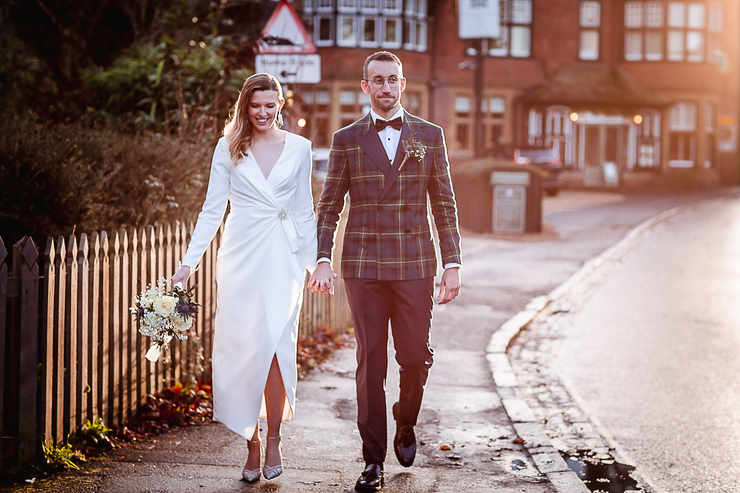 Winter Christmas wedding at Montague Arms Hotel, Beaulieu, New Forest, Hampshire. Sunset wedding photos. Wedding Couple photo shoot