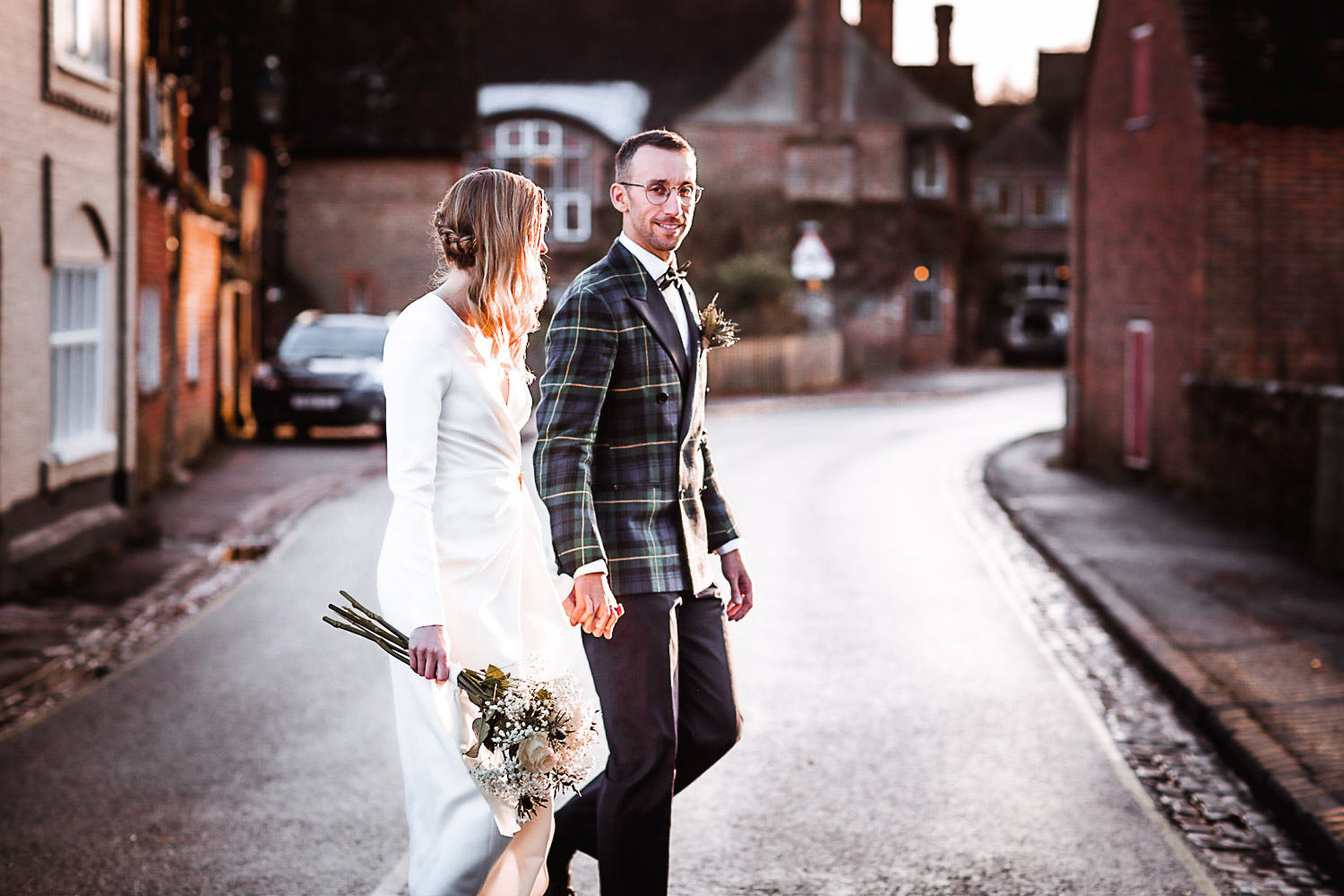 Winter Christmas wedding at Montague Arms Hotel, Beaulieu, New Forest, Hampshire. Sunset wedding photos. Wedding Couple photo shoot