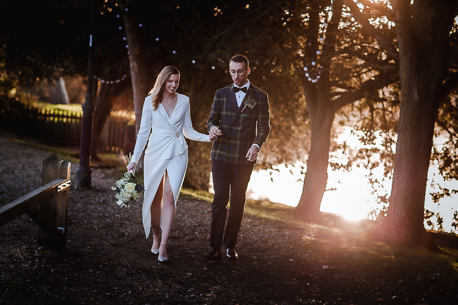 Winter Christmas wedding at Montague Arms Hotel, Beaulieu, New Forest, Hampshire. Sunset wedding photos. Wedding Couple photo shoot