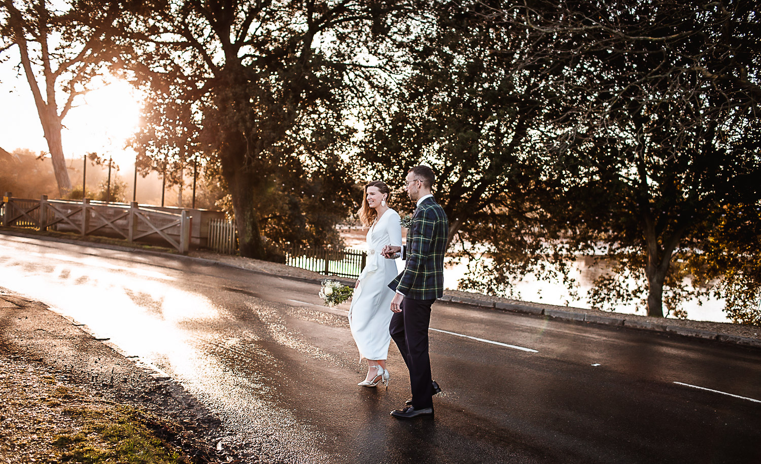 Winter Christmas wedding at Montague Arms Hotel, Beaulieu, New Forest, Hampshire. sunset wedding photos