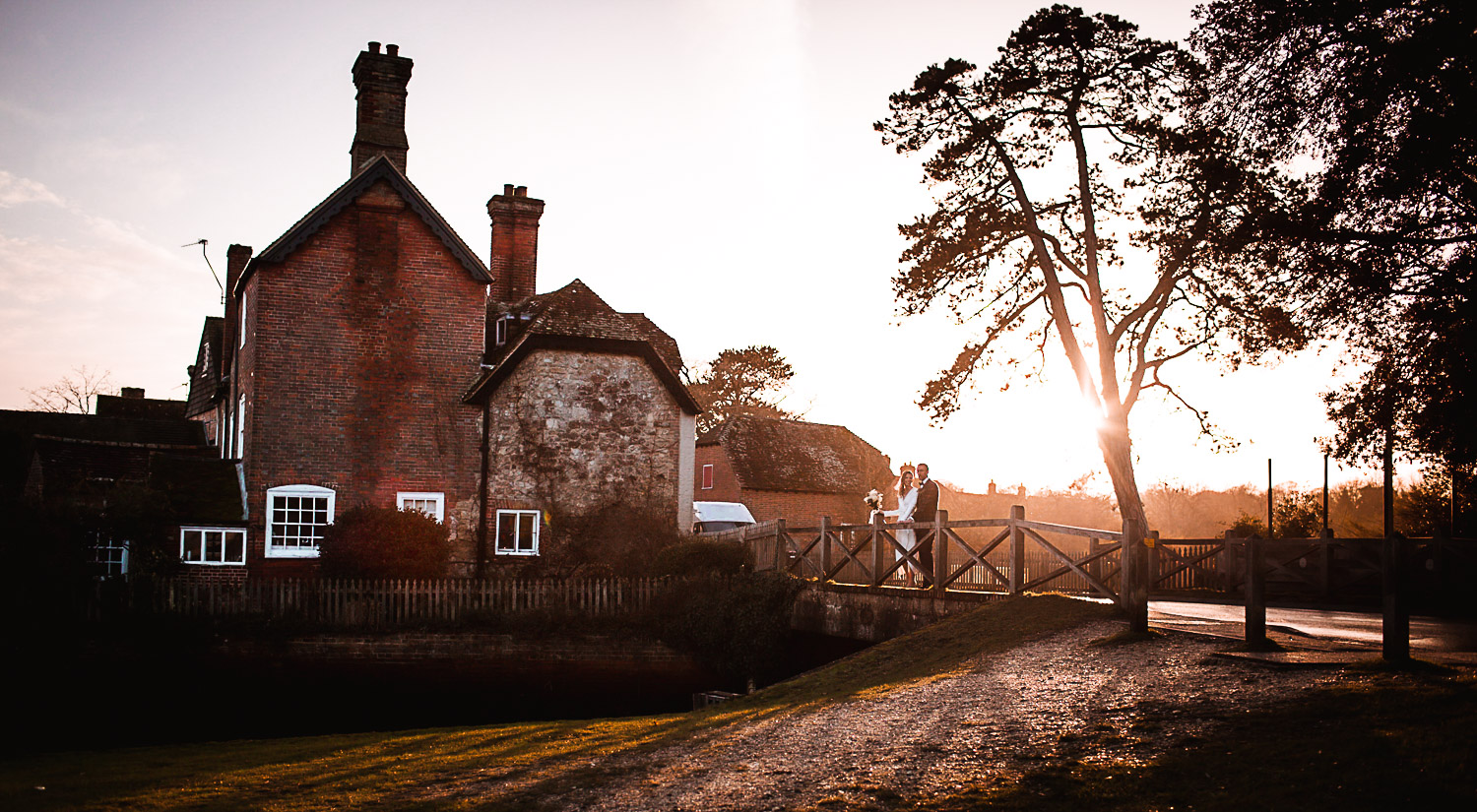 Winter Christmas wedding at Montague Arms Hotel, Beaulieu, New Forest, Hampshire. Sunset wedding photos. Wedding Couple photo shoot