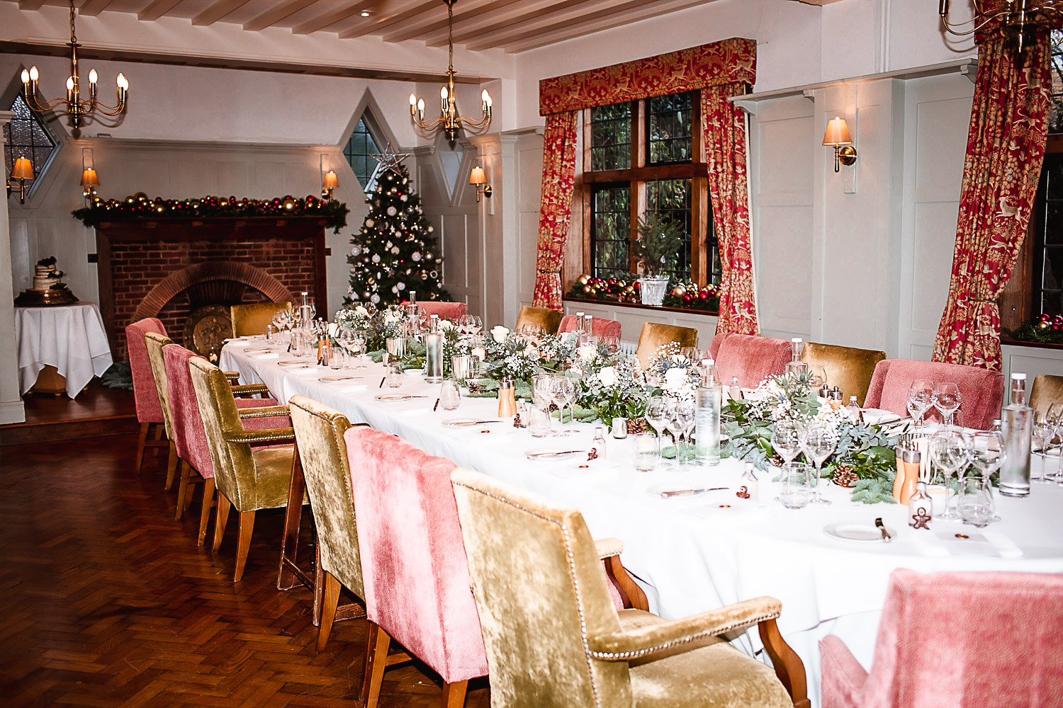 Winter Christmas wedding at Montague Arms Hotel, Beaulieu, New Forest, Hampshire. Christmas wedding decoration