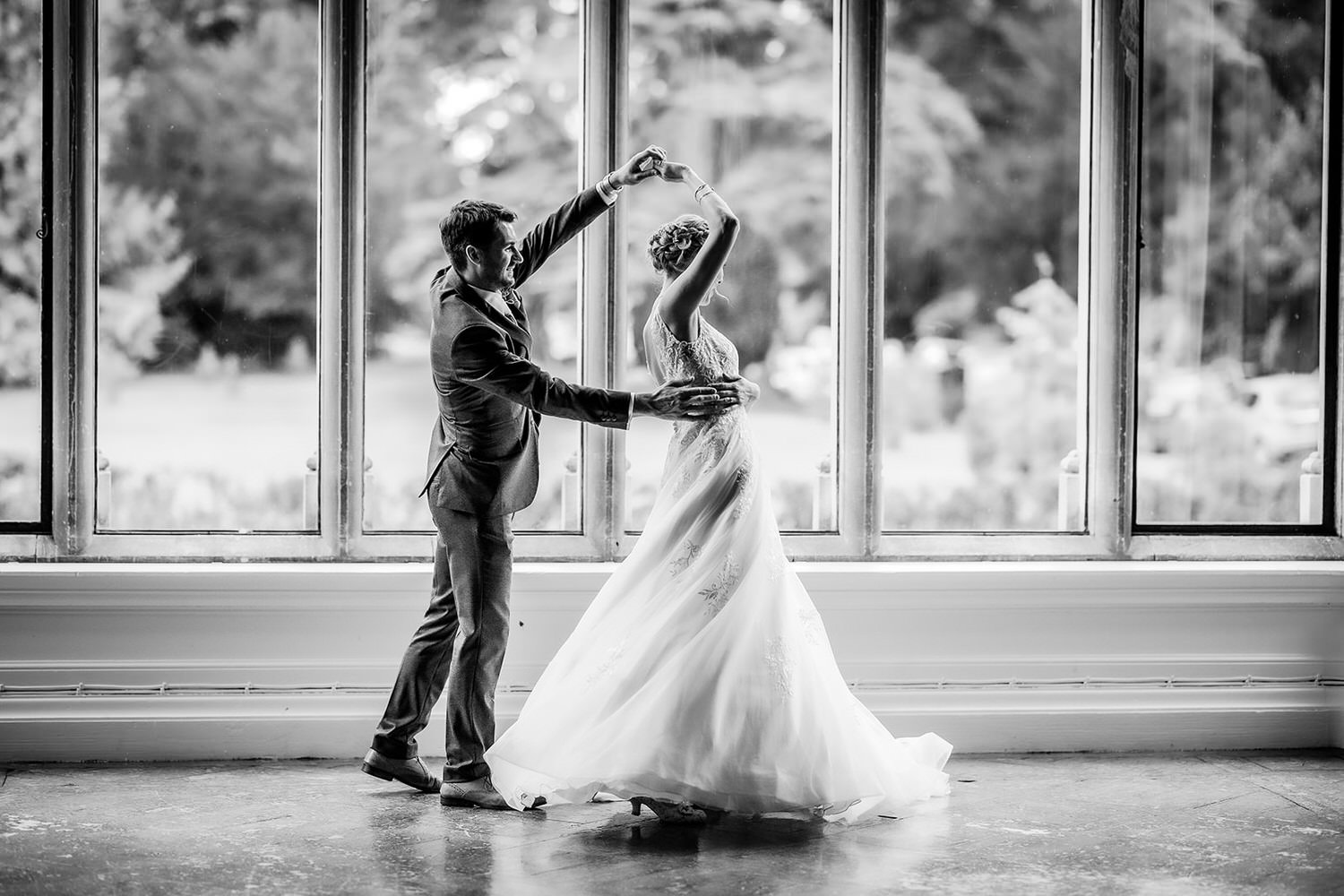 black and white photo of wedding couple's first dance Wiltshire wedding photographer