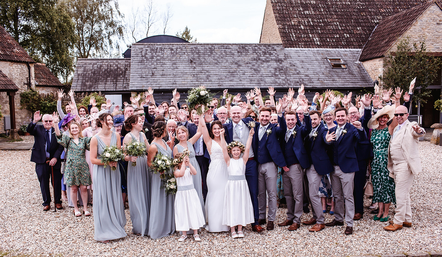 group photo of wedding guests at Winkworth Farm at Malmesbury