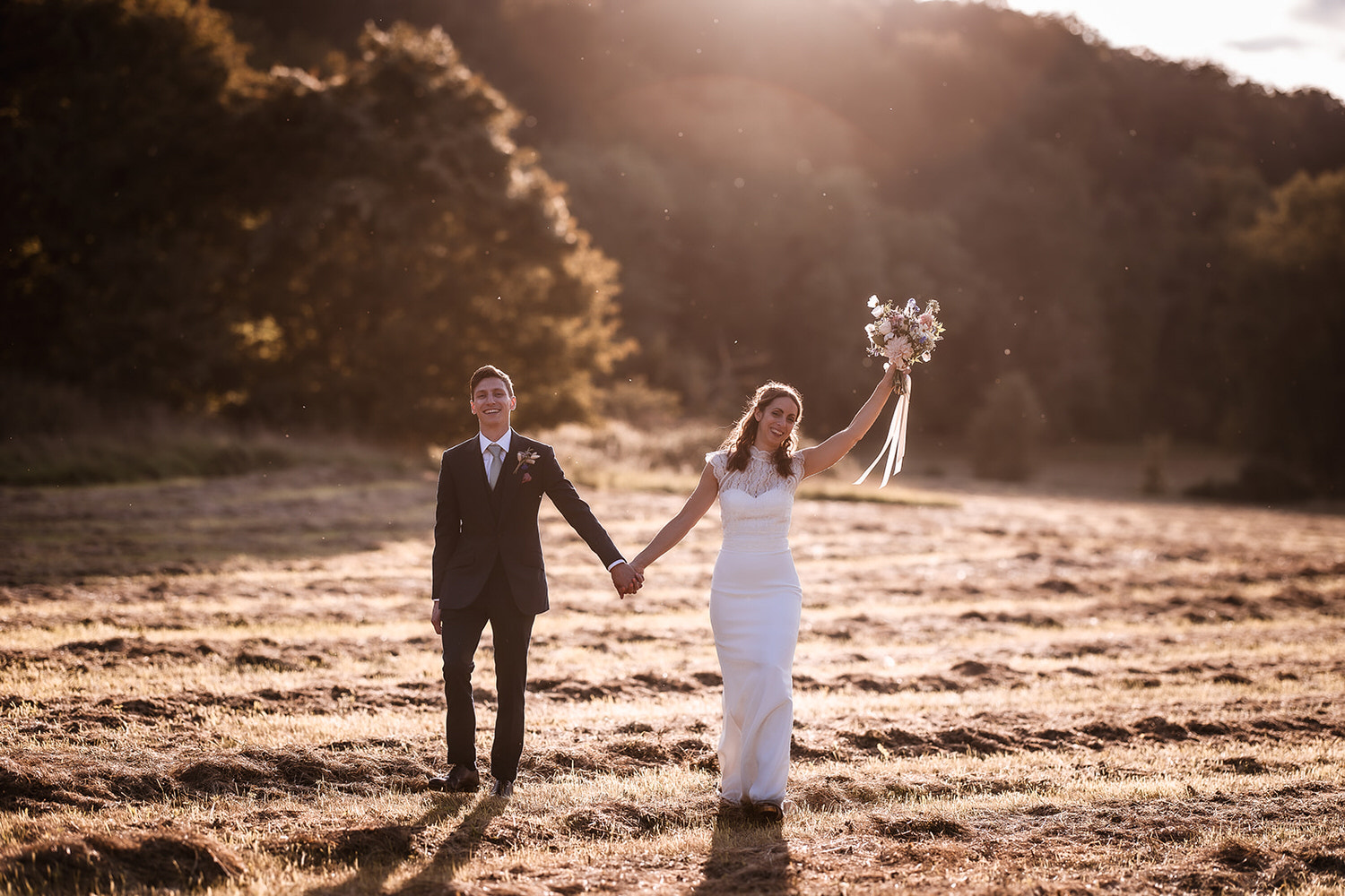 Sunset photo of bride and groom at Gilber White's Selborne