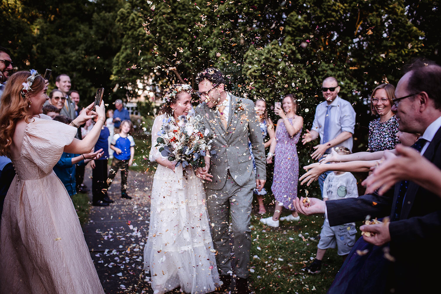 wedding confetti photo of bride and groom