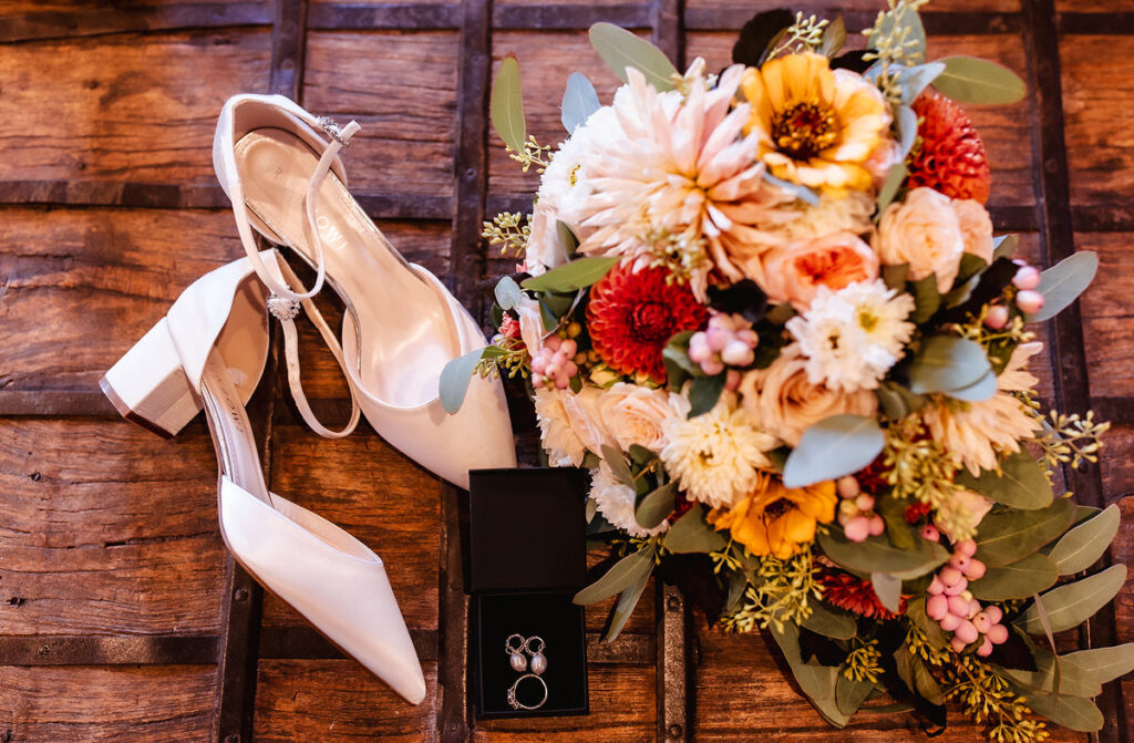 wedding bouquet, wedding white shoes, jewelry, 