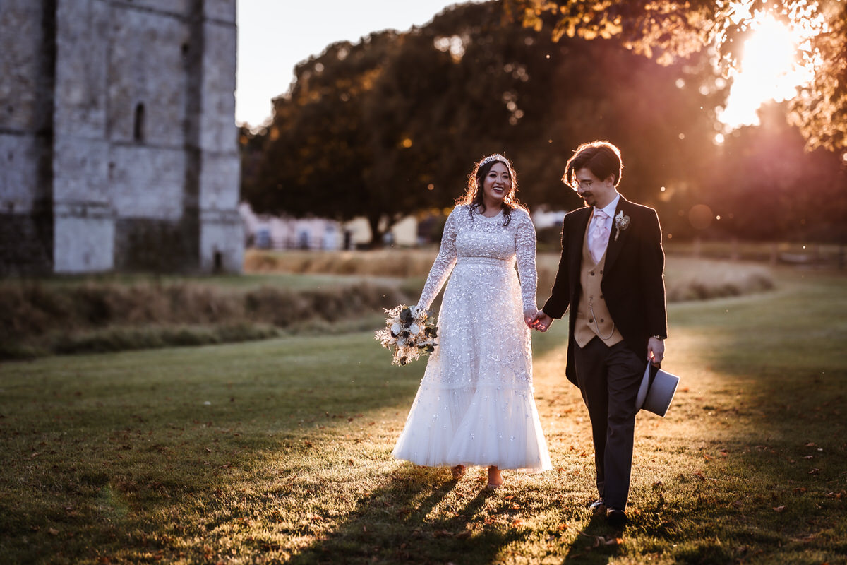 Romantic photo of bride and groom during the sunset