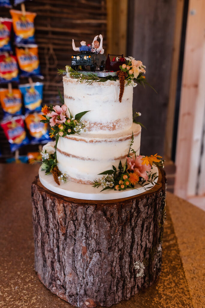 A three-tier naked cake decorated with flowers sits on a rustic tree trunk stand. On top are miniature figurines of a couple in a vehicle. Bags of chips hang in the background.